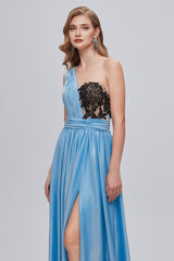 Prom Dress Shopping Near Me, Blue One Shoulder Ruched Long Prom Dresses with Applique