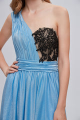 Prom Dress Shops Near Me, Blue One Shoulder Ruched Long Prom Dresses with Applique