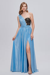 Prom Dress Shop Near Me, Blue One Shoulder Ruched Long Prom Dresses with Applique