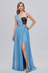 Prom Dresses Mermaid, Blue One Shoulder Ruched Long Prom Dresses with Applique