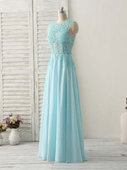 Prom Dress Prom Dresses, Blue Round Neck Lace Chiffon Long Prom Dress, Blue Long Formal Dresses