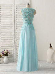 Prom Dresses Near Me, Blue Round Neck Lace Chiffon Long Prom Dress, Blue Long Formal Dresses