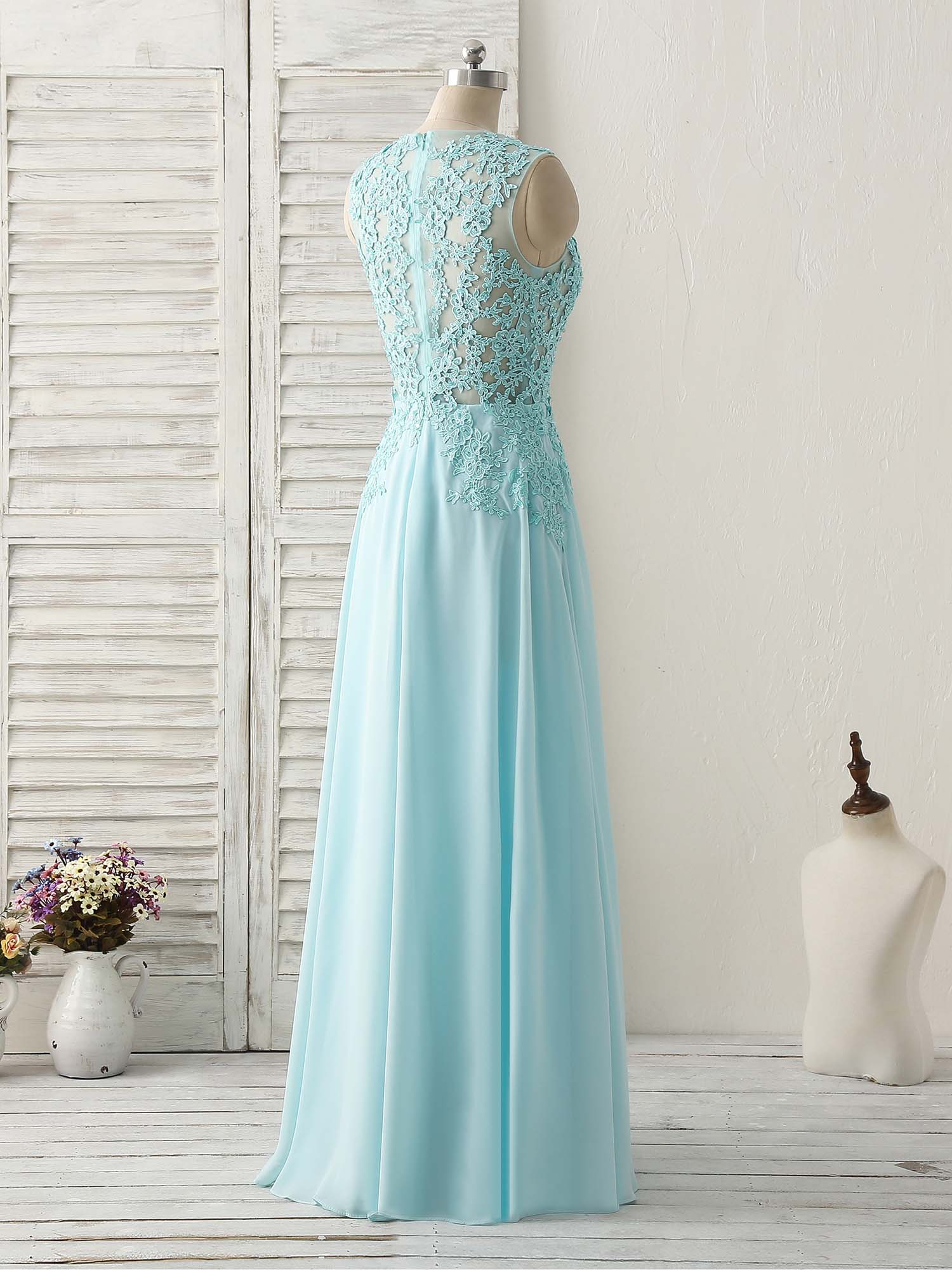 Prom Dress Near Me, Blue Round Neck Lace Chiffon Long Prom Dress, Blue Long Formal Dresses