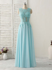 Prom Dresses Prom Dress, Blue Round Neck Lace Chiffon Long Prom Dress, Blue Long Formal Dresses