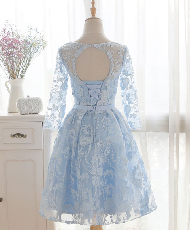 Prom Dresses Size 18, Blue Round Neck Lace Short Prom Dress, Blue Bridesmaid Dress, Homecoming Dress