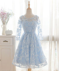 Prom Dress Long Beautiful, Blue Round Neck Lace Short Prom Dress, Blue Bridesmaid Dress, Homecoming Dress