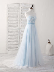 Formal Dress Winter, Blue Round Neck Tulle Lace Applique Long Prom Dresses