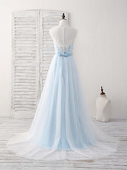 Formal Dress For Winter, Blue Round Neck Tulle Lace Applique Long Prom Dresses