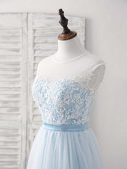 Formal Dresses For Winter, Blue Round Neck Tulle Lace Applique Long Prom Dresses