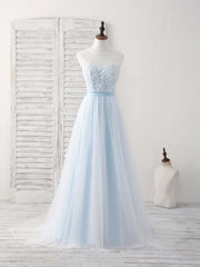 Formal Dresses Winter, Blue Round Neck Tulle Lace Applique Long Prom Dresses