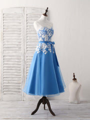 Evening Dress With Sleeves, Blue Round Neck Tulle Lace Applique Tea Long Prom Dress, Bridesmaid Dress