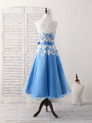 Evening Dresses Floral, Blue Round Neck Tulle Lace Applique Tea Long Prom Dress, Bridesmaid Dress