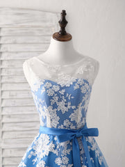 Evenning Dress For Wedding Guest, Blue Round Neck Tulle Lace Applique Tea Long Prom Dress, Bridesmaid Dress