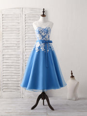 Evening Dress With Sleeve, Blue Round Neck Tulle Lace Applique Tea Long Prom Dress, Bridesmaid Dress