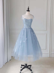 Evening Dress Elegant, Blue round neck tulle lace short prom dress, blue homecoming dress