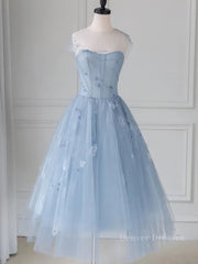Evening Dress Shop, Blue round neck tulle lace short prom dress, blue homecoming dress