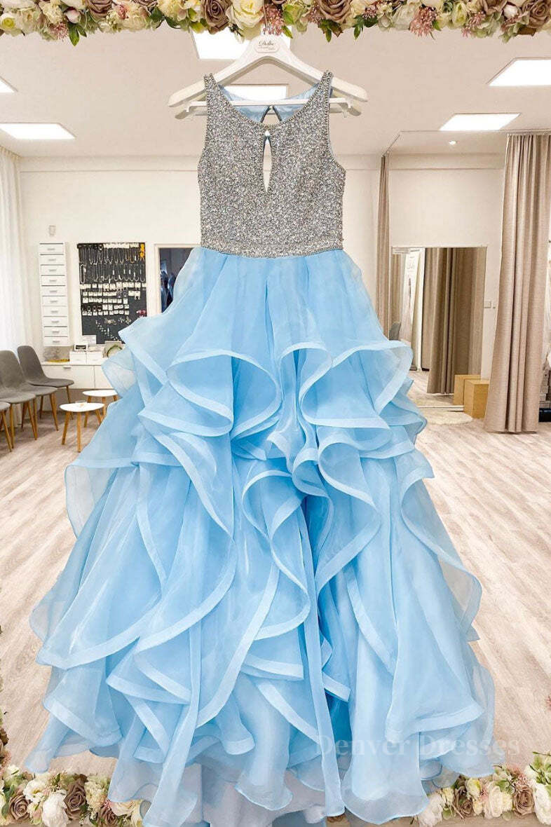 Bridesmaid Dress Dusty Blue, Blue round neck tulle sequin long prom dress blue tulle formal dress