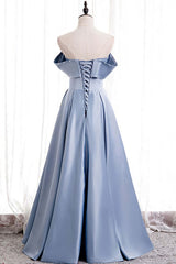Bridesmaid Dresses 2028, Blue Satin A-line Off-the-Shoulder Beaded Prom Dresses,evening party dress