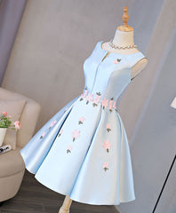 Prom Dresses 2026 Black Girl, Blue Satin Applique Short Prom Dress, Blue Homecoming Dress