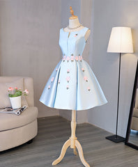 Prom Dress Two Piece, Blue Satin Applique Short Prom Dress, Blue Homecoming Dress