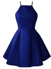 Cocktail Dress, Blue Satin Halter Knee Length Bridesmaid Dress, Royal Blue Homecoming Dress