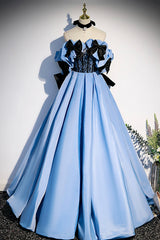 Prom Dress Store, Blue Satin Long Prom Dress, Off the Shoulder Formal Evening Dress