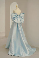 Party Dresses 2021, Blue Satin Long Prom Dress with Big Bow, Blue A-Line Evening Party Dress