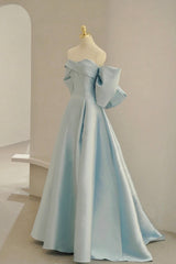 Party Dress Quick, Blue Satin Long Prom Dress with Big Bow, Blue A-Line Evening Party Dress