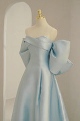 Party Dress And Gown, Blue Satin Long Prom Dress with Big Bow, Blue A-Line Evening Party Dress