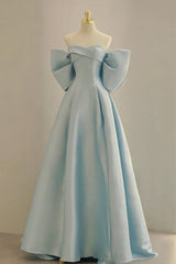 Party Dress 2023, Blue Satin Long Prom Dress with Big Bow, Blue A-Line Evening Party Dress