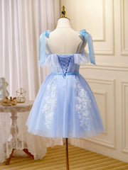 Party Dresses Europe, Blue Short Prom Dress, Puffy Cute Blue Homecoming Dress with Lace