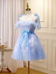 Party Dresses Cocktail, Blue Short Prom Dress, Puffy Cute Blue Homecoming Dress with Lace