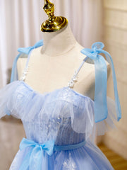 Party Dresses Summer, Blue Short Prom Dress, Puffy Cute Blue Homecoming Dress with Lace