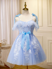Party Dress Europe, Blue Short Prom Dress, Puffy Cute Blue Homecoming Dress with Lace