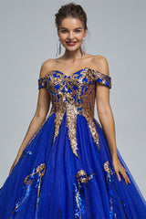 Evening Dresses 2043, Blue Short Sleeve Off The Shoulder Tulle Sequin Decal Long Prom Dresses