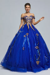 Evening Dress Designs, Blue Short Sleeve Off The Shoulder Tulle Sequin Decal Long Prom Dresses