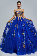 Evening Dress Designer, Blue Short Sleeve Off The Shoulder Tulle Sequin Decal Long Prom Dresses