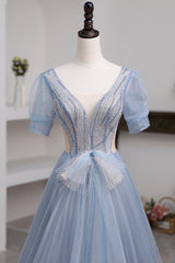 Bridesmaid Dresses Blush Pink, Blue Short Sleeve Tulle Floor Length Prom Dress with Beaded, Blue A-Line Evening Dress