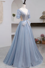 Elegant Wedding Dress, Blue Short Sleeve Tulle Floor Length Prom Dress with Beaded, Blue A-Line Evening Dress