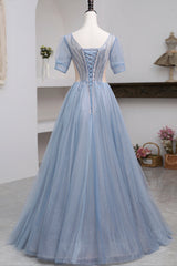 Bachelorette Party Theme, Blue Short Sleeve Tulle Floor Length Prom Dress with Beaded, Blue A-Line Evening Dress