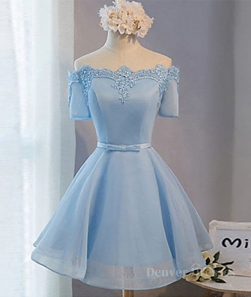 Prom Dresses Shopping, Blue Short Sleeves Lace-up Organza Bow Prom Dresses, Homecoming Dresses