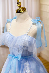 Homecoming Dress Short, Blue Spaghetti Strap Lace Short Prom Dress, Lovely A-Line Homecoming Dress