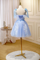 Homecoming Dress Online, Blue Spaghetti Strap Lace Short Prom Dress, Lovely A-Line Homecoming Dress