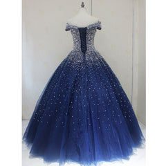 Bridesmaid Dress Inspo, Blue Sparkle Off Shoulder Ball Party Dress , Handmade Beaded Party Dress