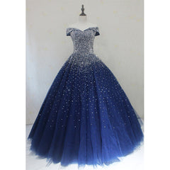 Bridesmaid Dresses Neutral, Blue Sparkle Off Shoulder Ball Party Dress , Handmade Beaded Party Dress