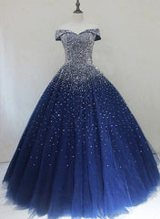 Bridesmaid Dress Different Styles, Blue Sparkle Off Shoulder Ball Party Dress , Handmade Beaded Party Dress