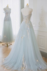 Dress Formal, Blue Strapless Lace Formal Prom Dress, A-Line Tulle Evening Party Dress
