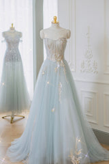 Gorgeou Dress, Blue Strapless Lace Formal Prom Dress, A-Line Tulle Evening Party Dress