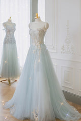 Dress Short, Blue Strapless Lace Formal Prom Dress, A-Line Tulle Evening Party Dress