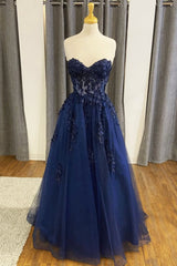 Party Dress For Girl, Blue Strapless Lace Long Prom Dress, A-Line Evening Dress Party Dress